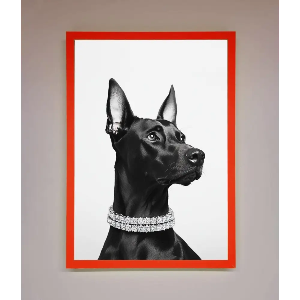 Black Doberman Diamond Neckless Framed Poster - B0 (100 x 141 cm) / Neon Red - Framed Print