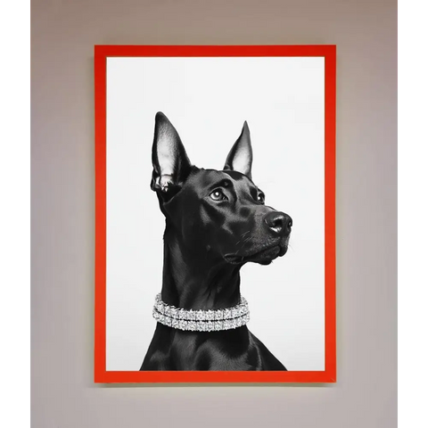 Black Doberman Diamond Neckless Framed Poster - B0 (100 x 141 cm) / Neon Red - Framed Print