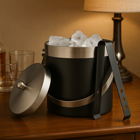 Black enamel ice bucket with brushed stainless steel lid handle and matching tongs set for chilling drinks