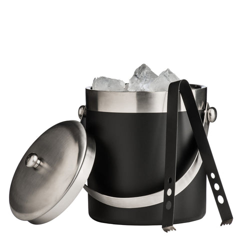 Black enamel ice bucket with stainless steel lid handle and matching tongs perfect for chilling drinks