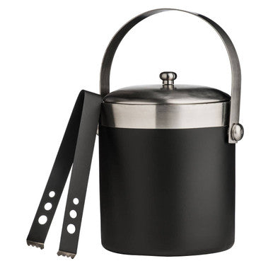 Black enamel ice bucket with stainless steel lid handle and matching tongs for stylish ice serving