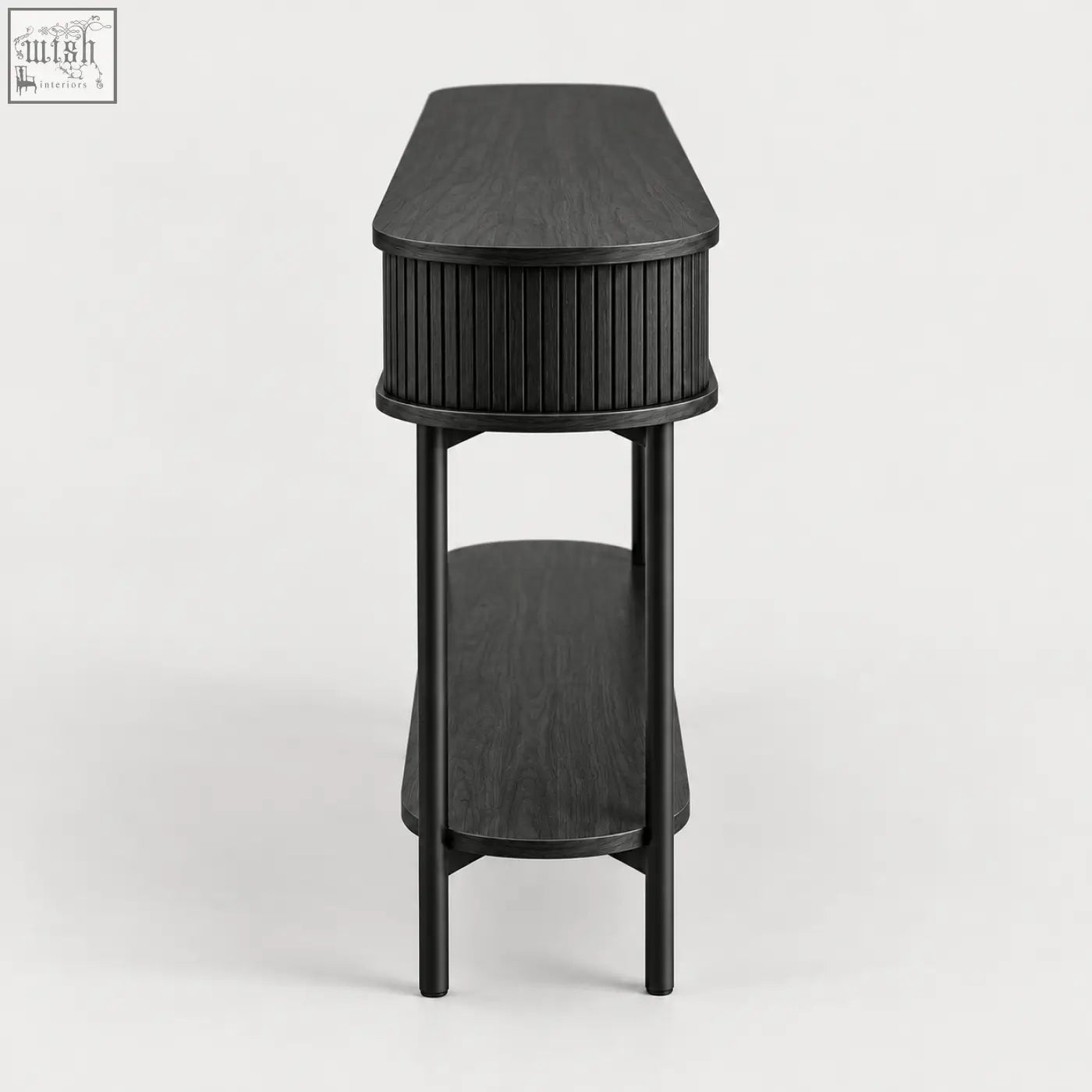 Black fluted console table with ribbed central column, sliding storage, and two-tier black oak finish console table