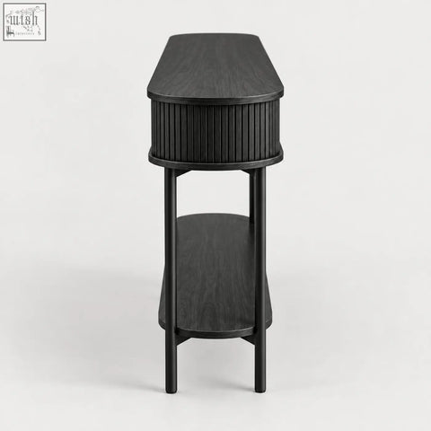Black fluted console table with ribbed central column, sliding storage, and two-tier black oak finish console table