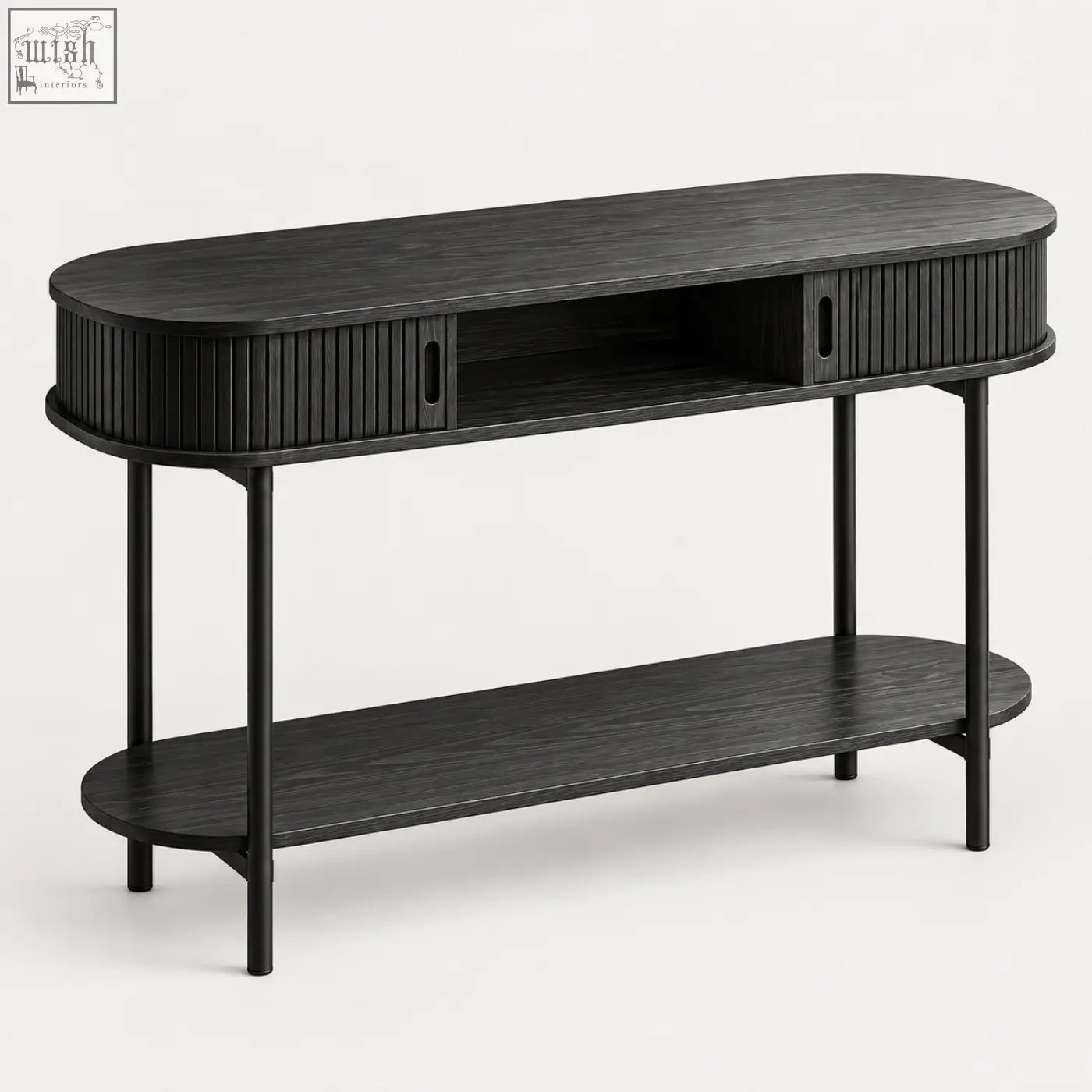 Black fluted console table with ribbed drawers and lower shelf for sliding storage and display