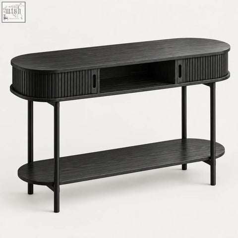 Black fluted console table with ribbed drawers and lower shelf for sliding storage and display