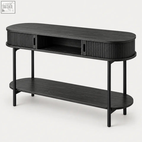Black fluted console table with ribbed drawers and lower shelf perfect as a sleek black console table