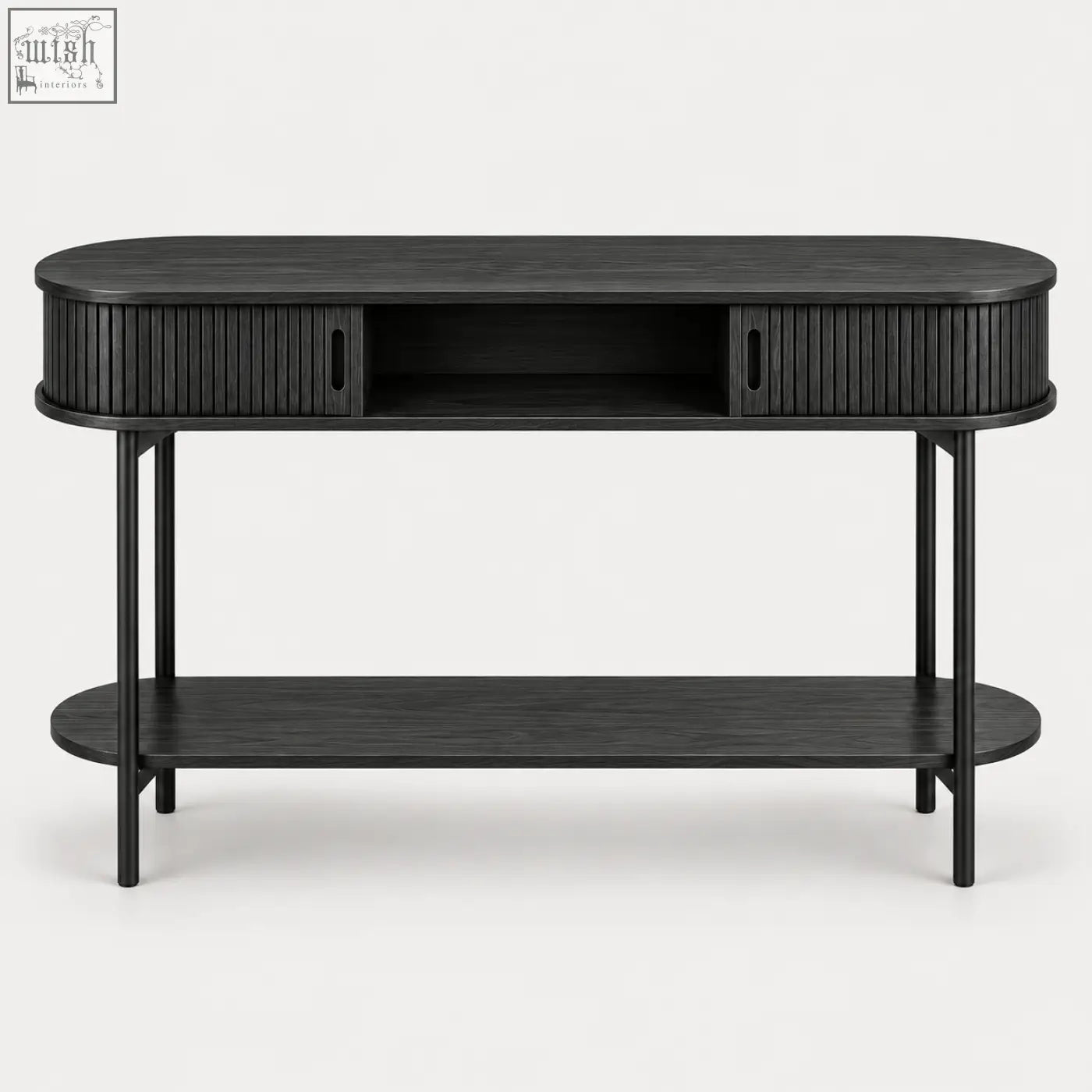 Black fluted console table with vertical slat detailing, sliding storage, and lower shelf for stylish organization