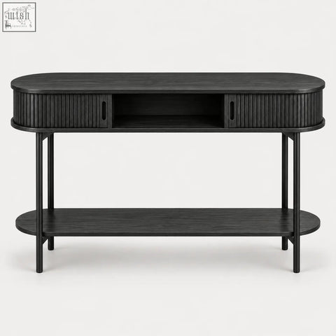 Black fluted console table with vertical slat detailing, sliding storage, and lower shelf for stylish organization