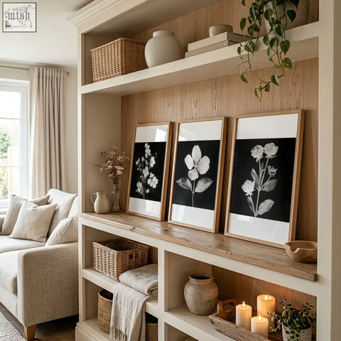 Three black framed pictures featuring black and white french country botanical floral designs in light wood frames