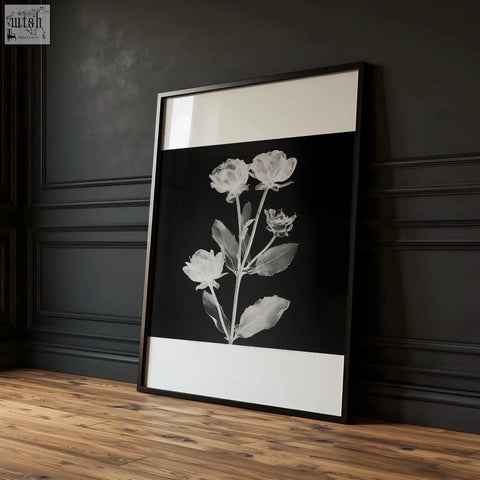 Black framed picture set of 3 featuring delicate white floral illustrations on black background with off-white borders