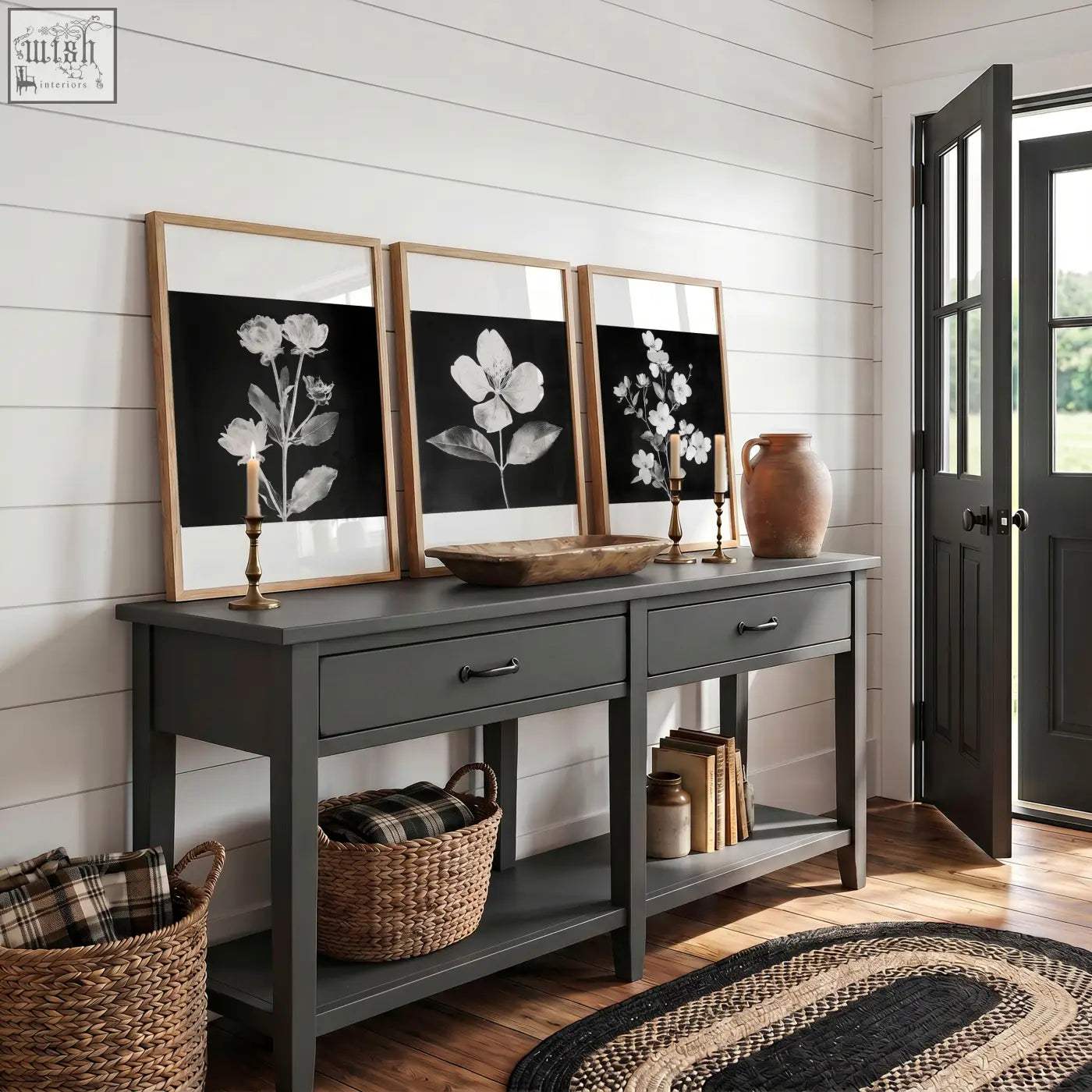 Dark gray console table with rustic wooden top and drawers below black framed picture french country floral wall art prints set of 3