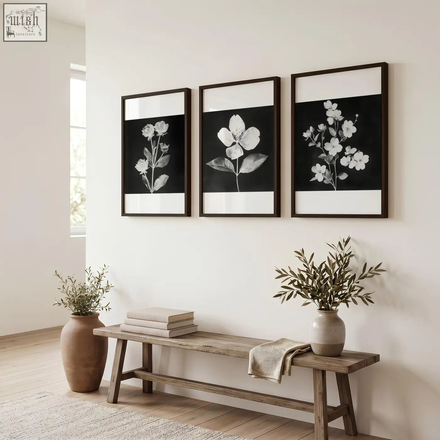 Set of 3 black framed pictures featuring french country botanical floral prints with white bordered dark wooden frames