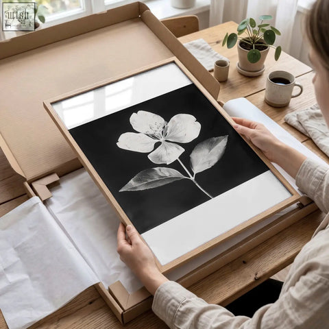 Black framed picture of a minimalist wooden framed black and white botanical print with a delicate white flower