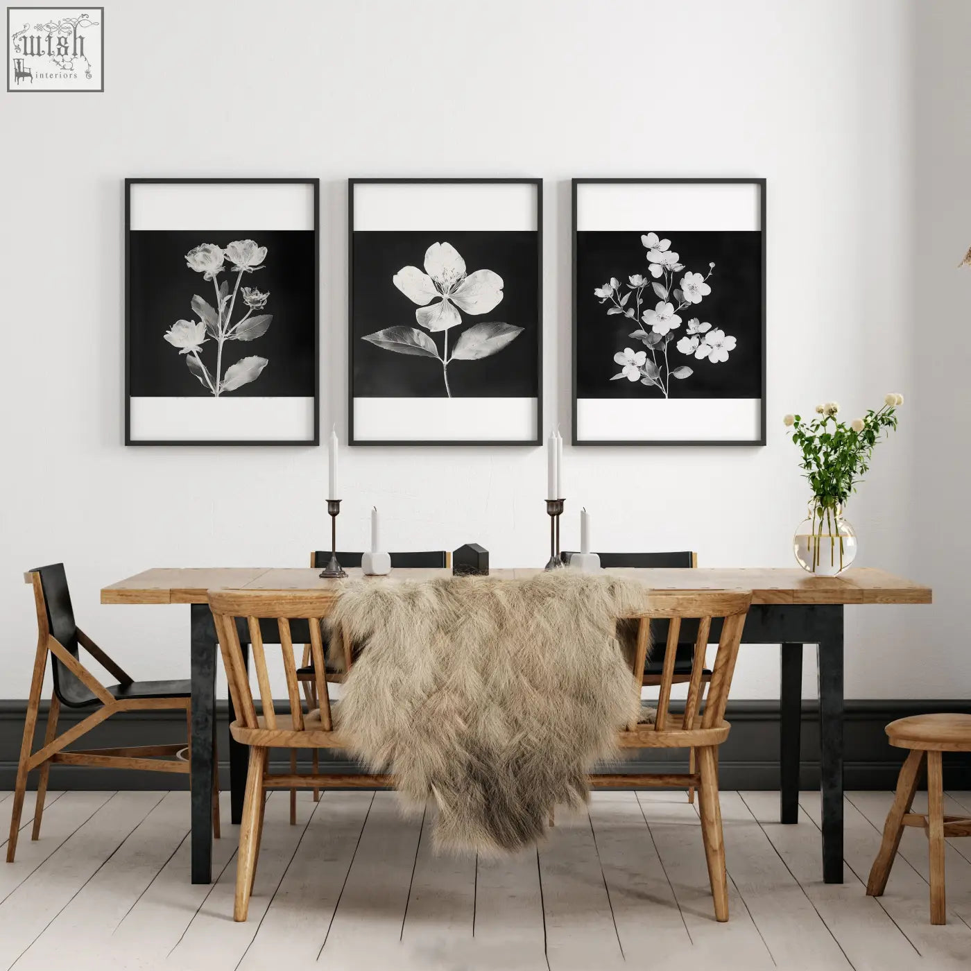 Set of three black framed french country floral prints in minimalist frames displayed above dining room table wall art