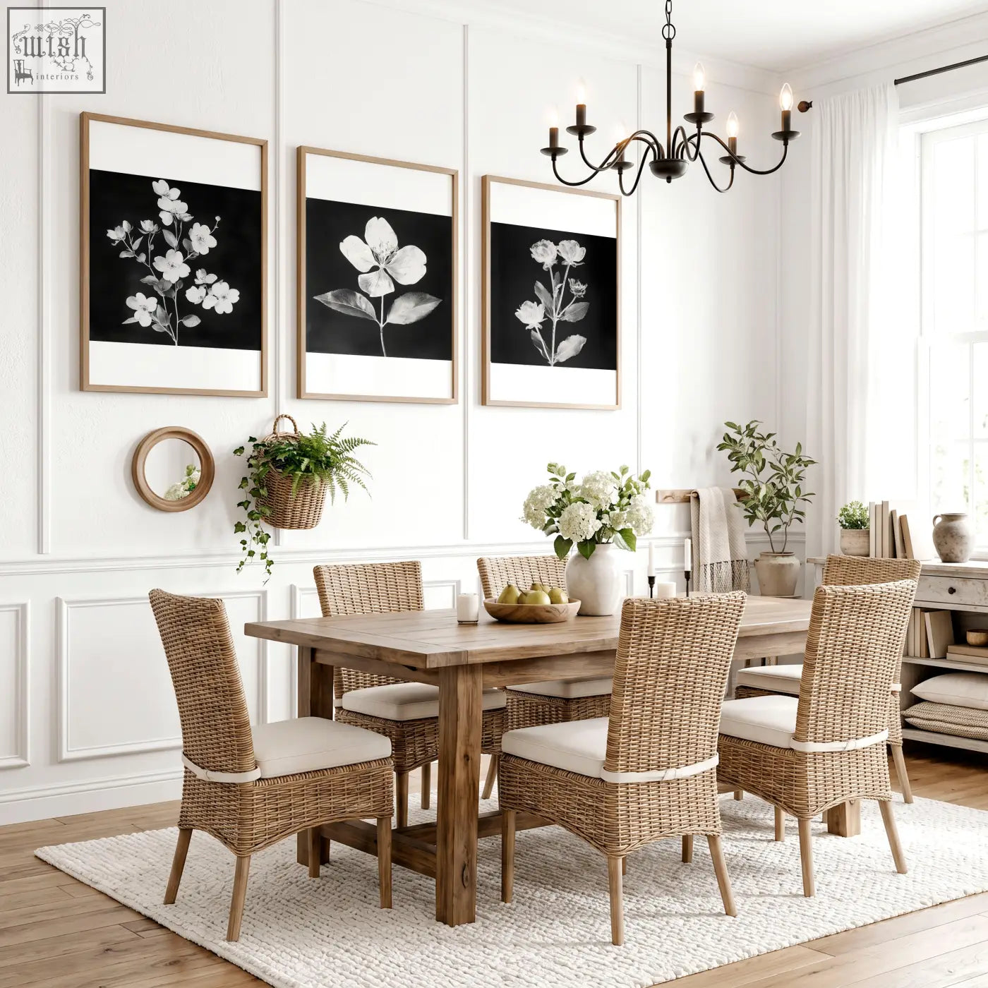 Black framed wall art french country botanical floral prints set of 3 above woven wicker dining chairs with beige cushions in dining room
