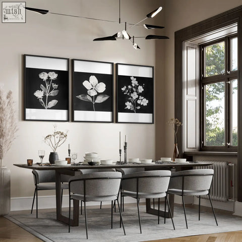 Black framed wall art featuring modern black and white french country botanical prints for dining room walls