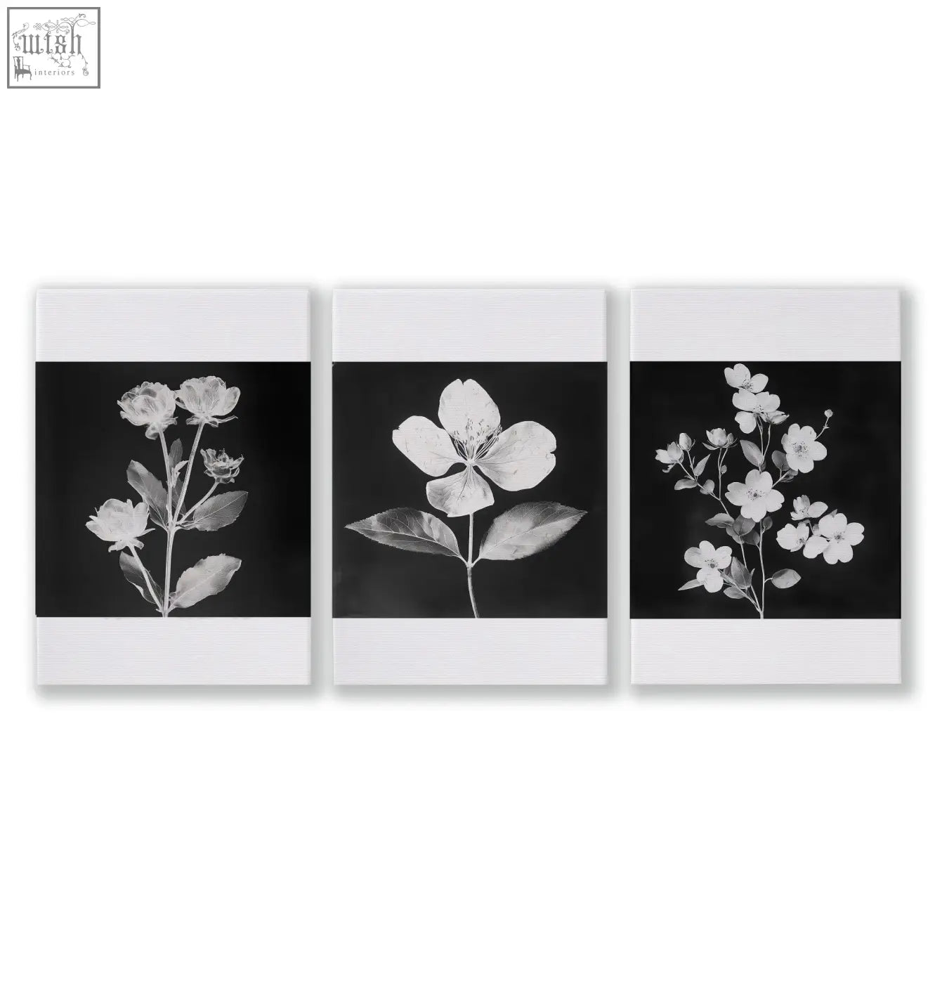 Set of three black and white french country floral canvas prints with white borders perfect for dining room wall art