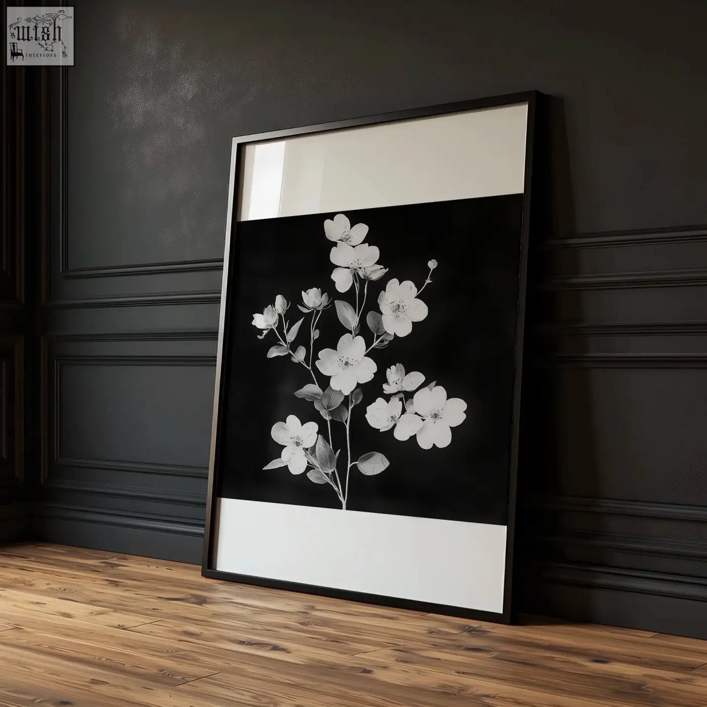 Black framed wall art featuring delicate white floral design with white bands perfect for dining room french country decor