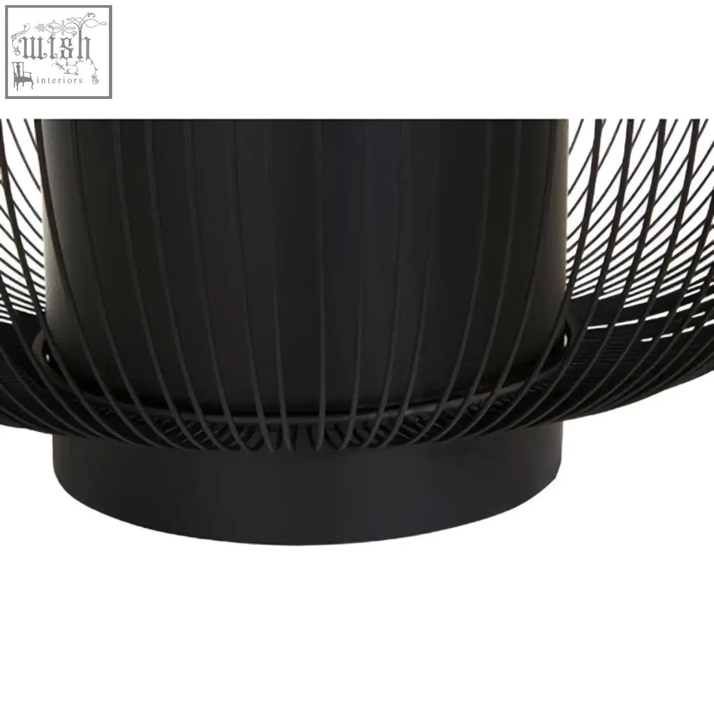 Black glass top round coffee table with matte black cylindrical wireframe base and fire pit style wire mesh enclosure trento coffee table