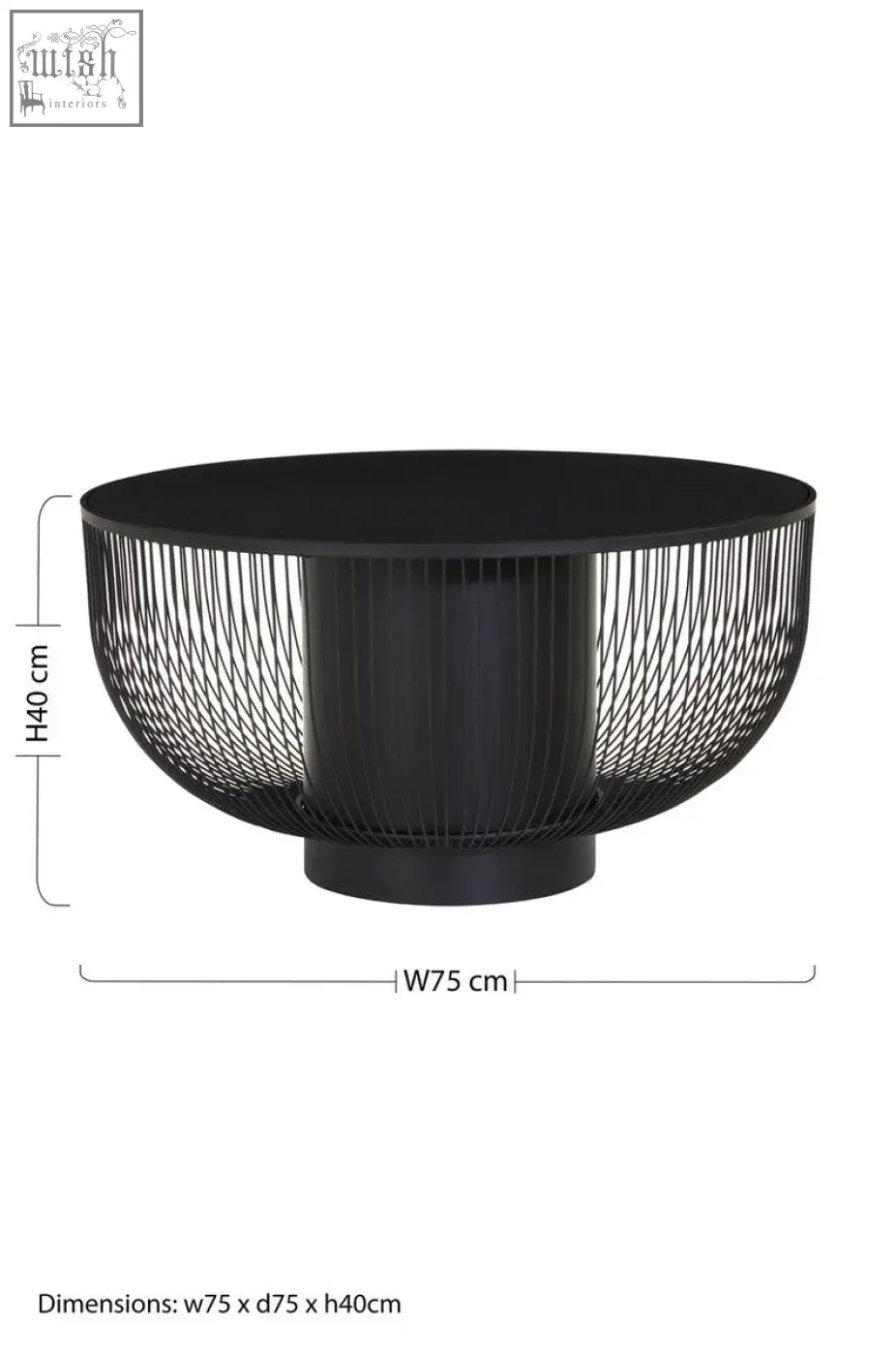 Black glass top round coffee table with matte black cylindrical wireframe base perfect for modern living rooms trento coffee table