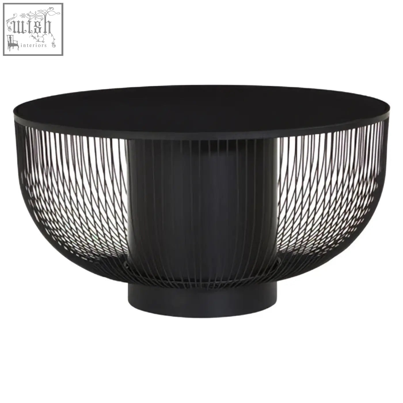 Black glass top round coffee table with a matte black cylindrical wireframe base called the trento coffee table