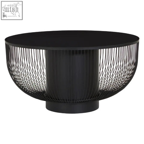 Black glass top round coffee table with a matte black cylindrical wireframe base called the trento coffee table