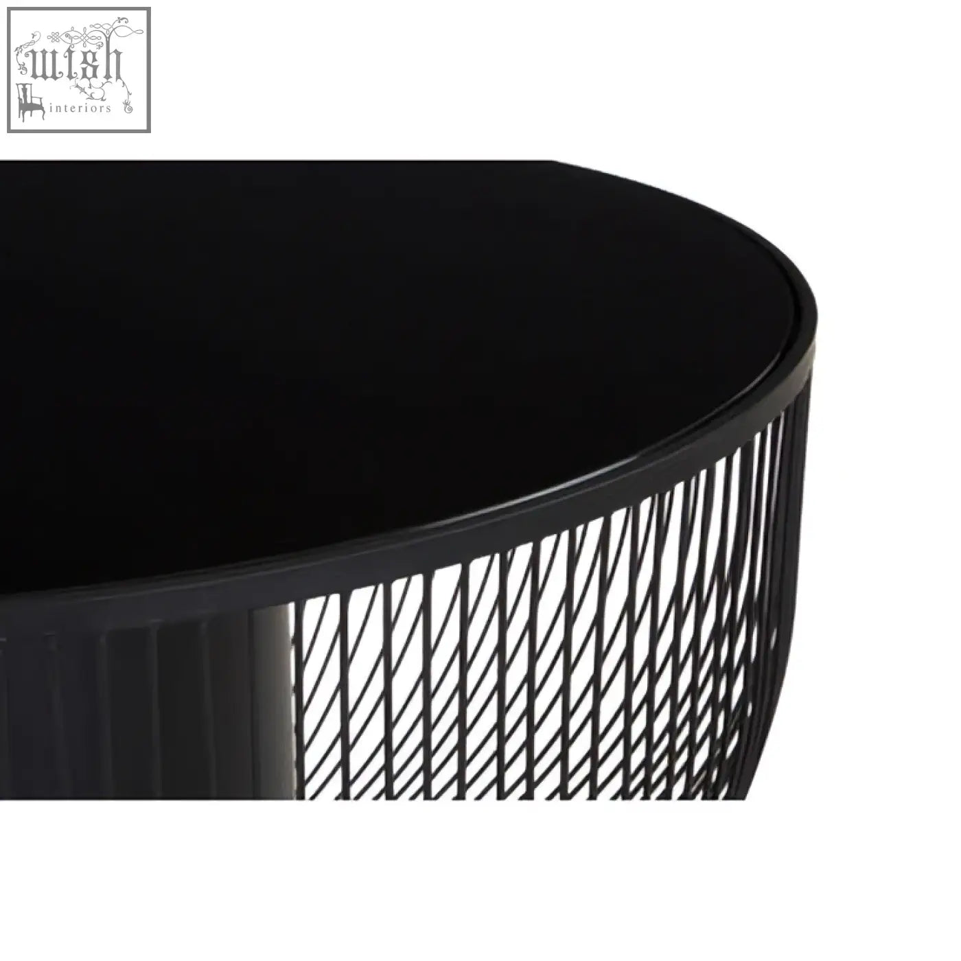 Black glass top round coffee table with sleek matte black cylindrical wireframe base trento coffee table