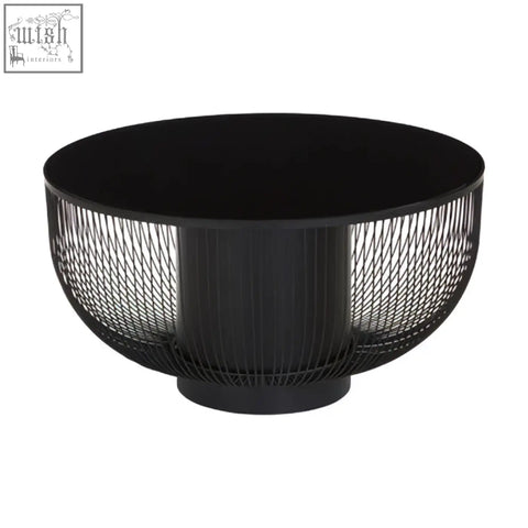 Black glass top round coffee table with matte black cylindrical wireframe base and vertical ribbed sides trento coffee table