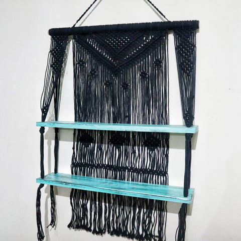Black macrame hanging shelves with turquoise wooden shelves perfect gift idea for macrame hanging decor