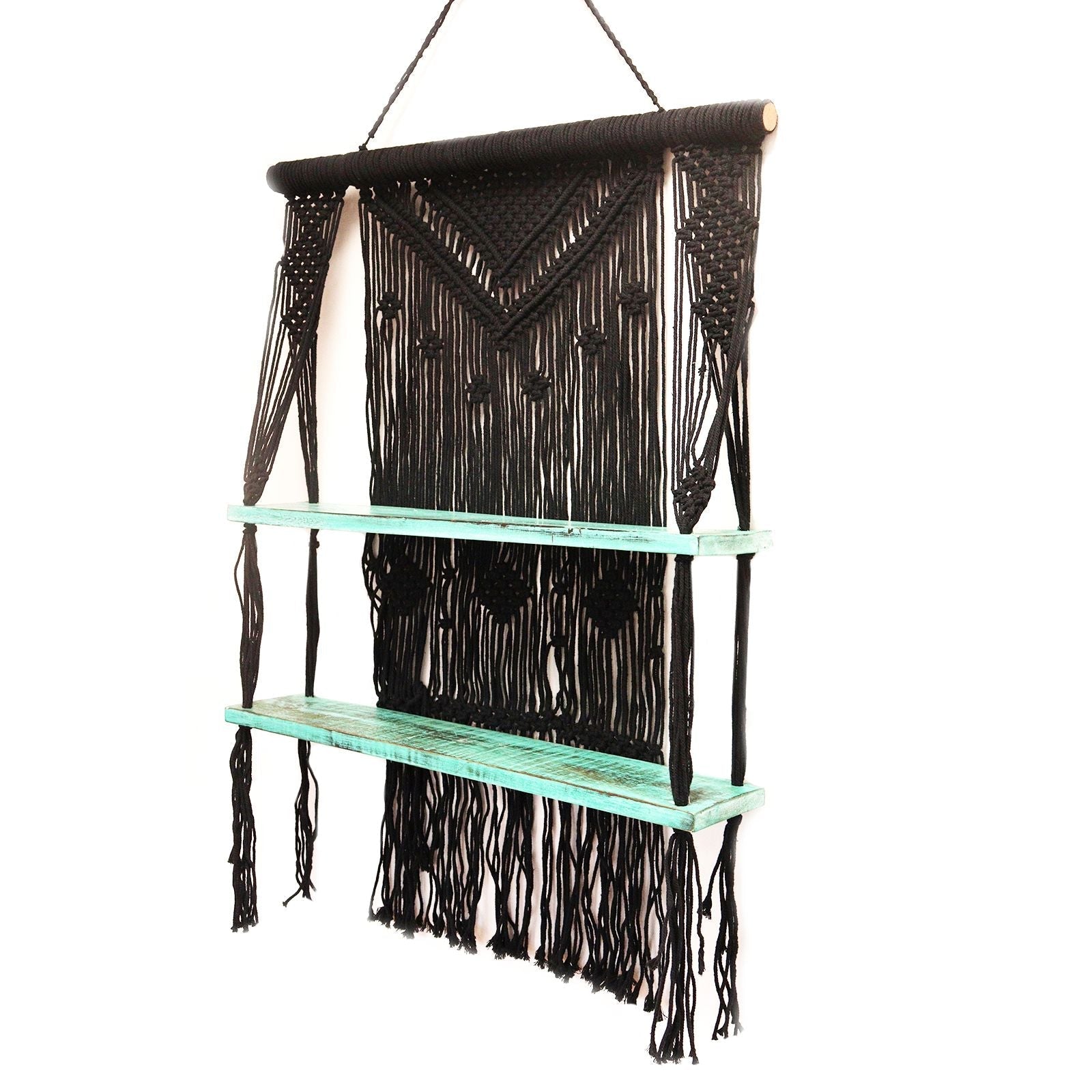 Black macrame hanging shelves with two turquoise wooden shelves perfect for stylish wall storage and decor
