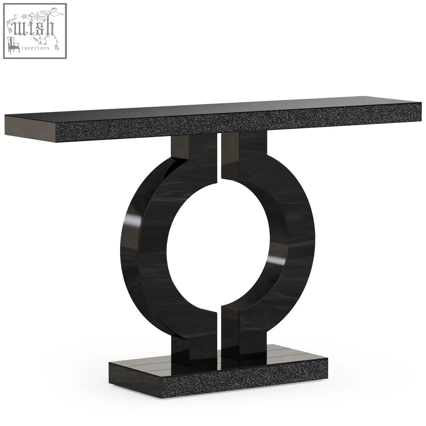 Black marble-effect modern console table with glossy speckled top and curved legs in an open circular design