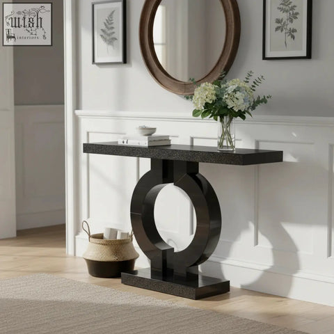 Black marble-effect modern console table with sleek glossy finish and circular base perfect for entryway or sofa table