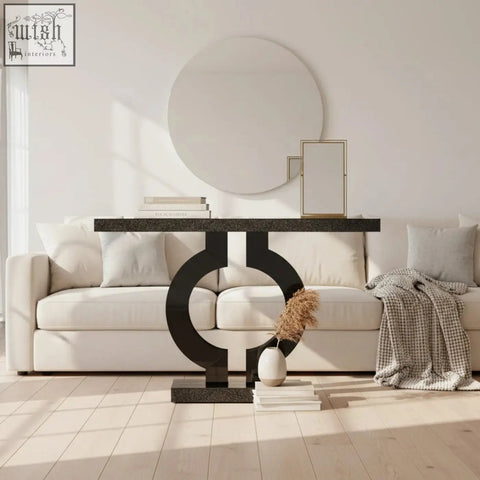 Black marble-effect modern console table with sleek geometric base perfect for entryway or sofa table use