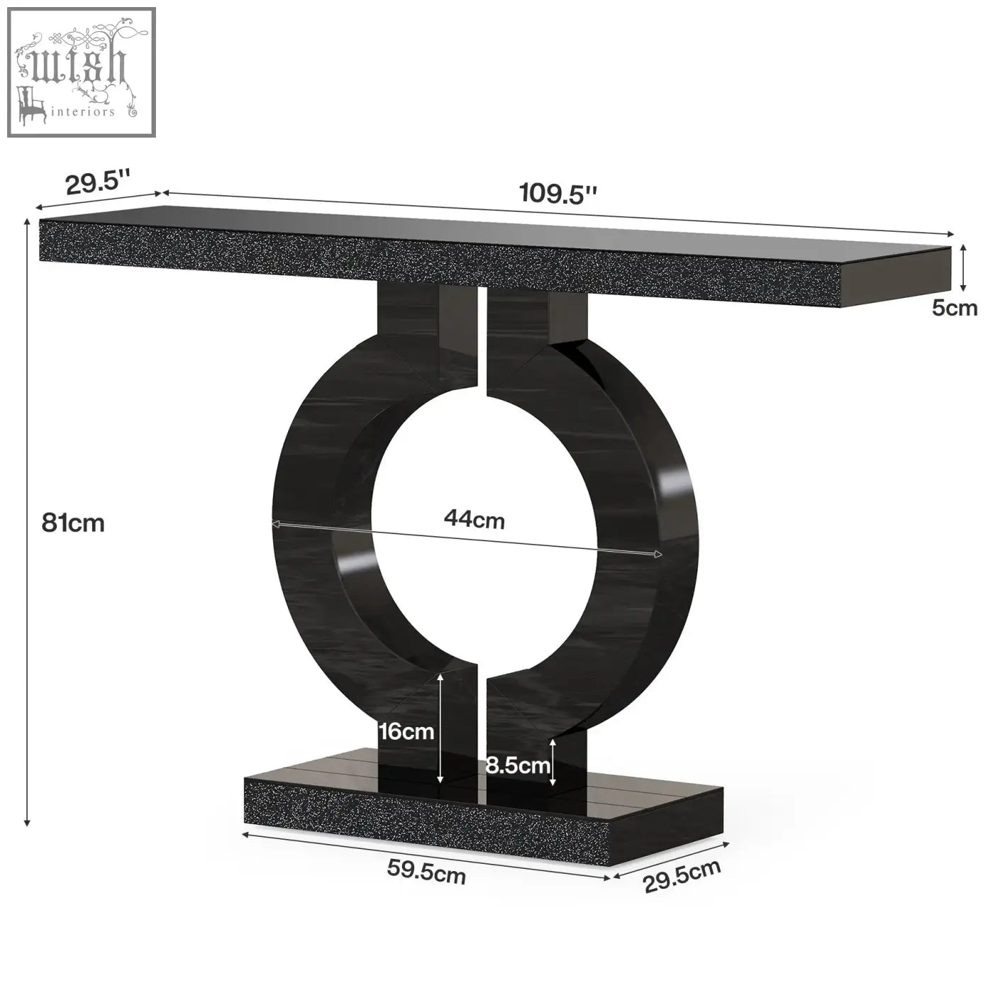 Modern black console table with glossy marble-effect finish and circular base perfect for entryway or sofa table