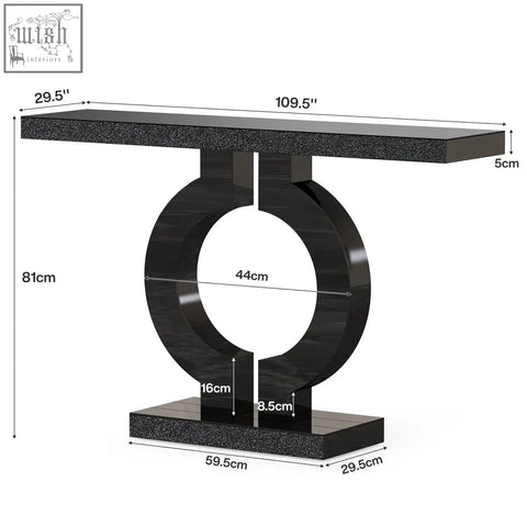 Modern black console table with glossy marble-effect finish and circular base perfect for entryway or sofa table