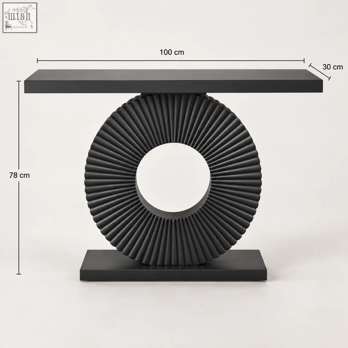 Black sculptural fluted console table with a fan-like circular base and rectangular top in sleek black finish