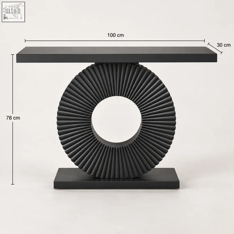 Black sculptural fluted console table with a fan-like circular base and rectangular top in sleek black finish