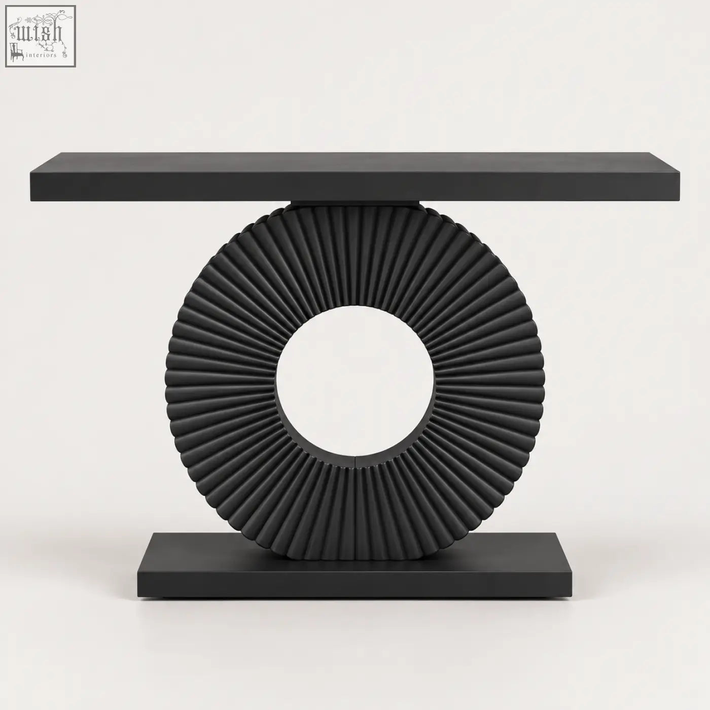 Black sculptural fluted console table with a fan-like circular base and rectangular top perfect as a fluted console table