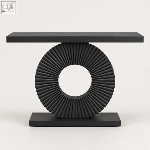 Black sculptural fluted console table with a fan-like circular base and rectangular top perfect as a fluted console table