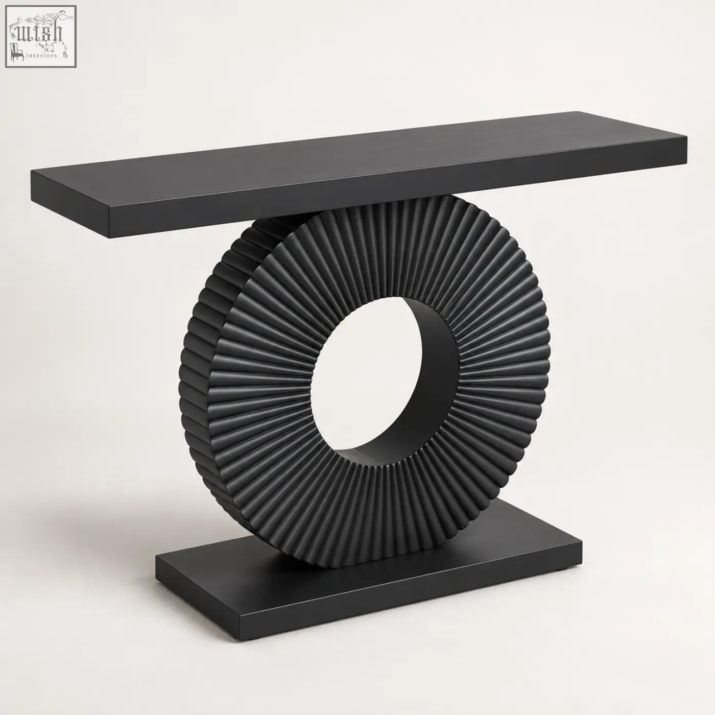 Black sculptural fluted console table with sleek modern design featuring circular fluted base and minimalist rectangular top