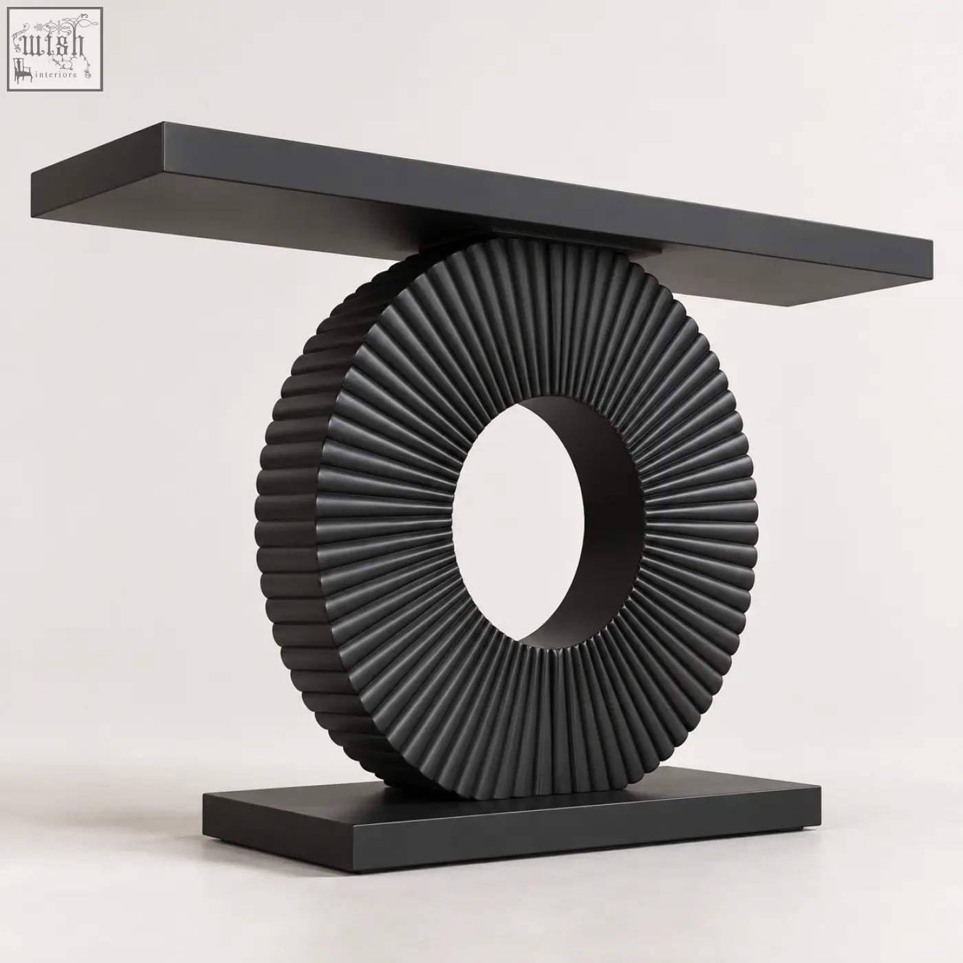 Black sculptural fluted console table with sleek ribbed circular base and minimalist rectangular top design