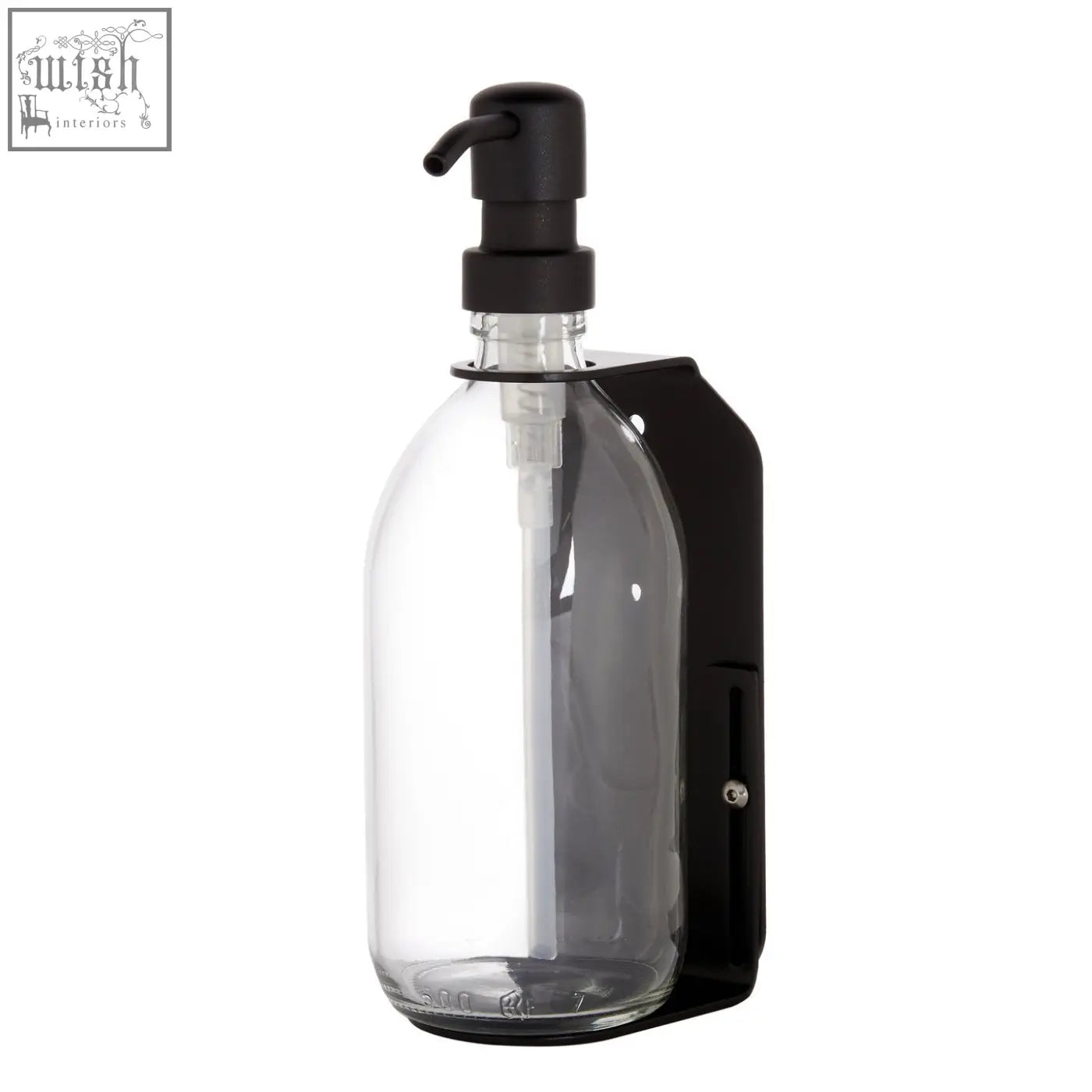 Black single wall mounted soap dispenser with refillable glass bottle and matte black stainless steel pump