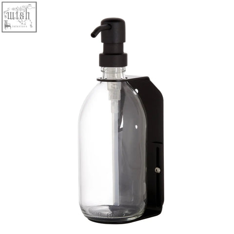 Black single wall mounted soap dispenser with refillable glass bottle and matte black stainless steel pump