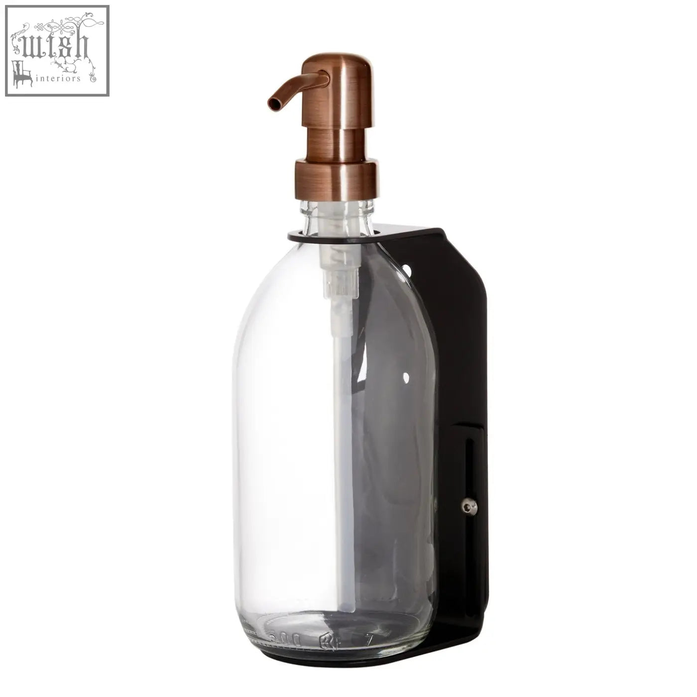 Black single wall mounted soap dispenser with a refillable glass bottle copper pump and stainless steel bracket