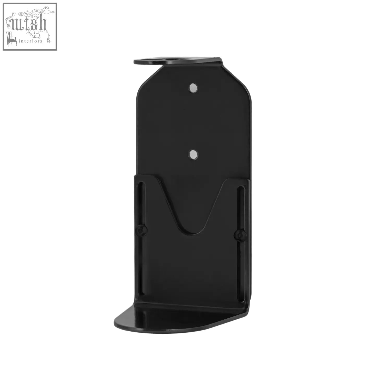 Black single wall mounted soap dispenser with sleek black metal mount and two circular holes for stainless steel refillable glass bottle
