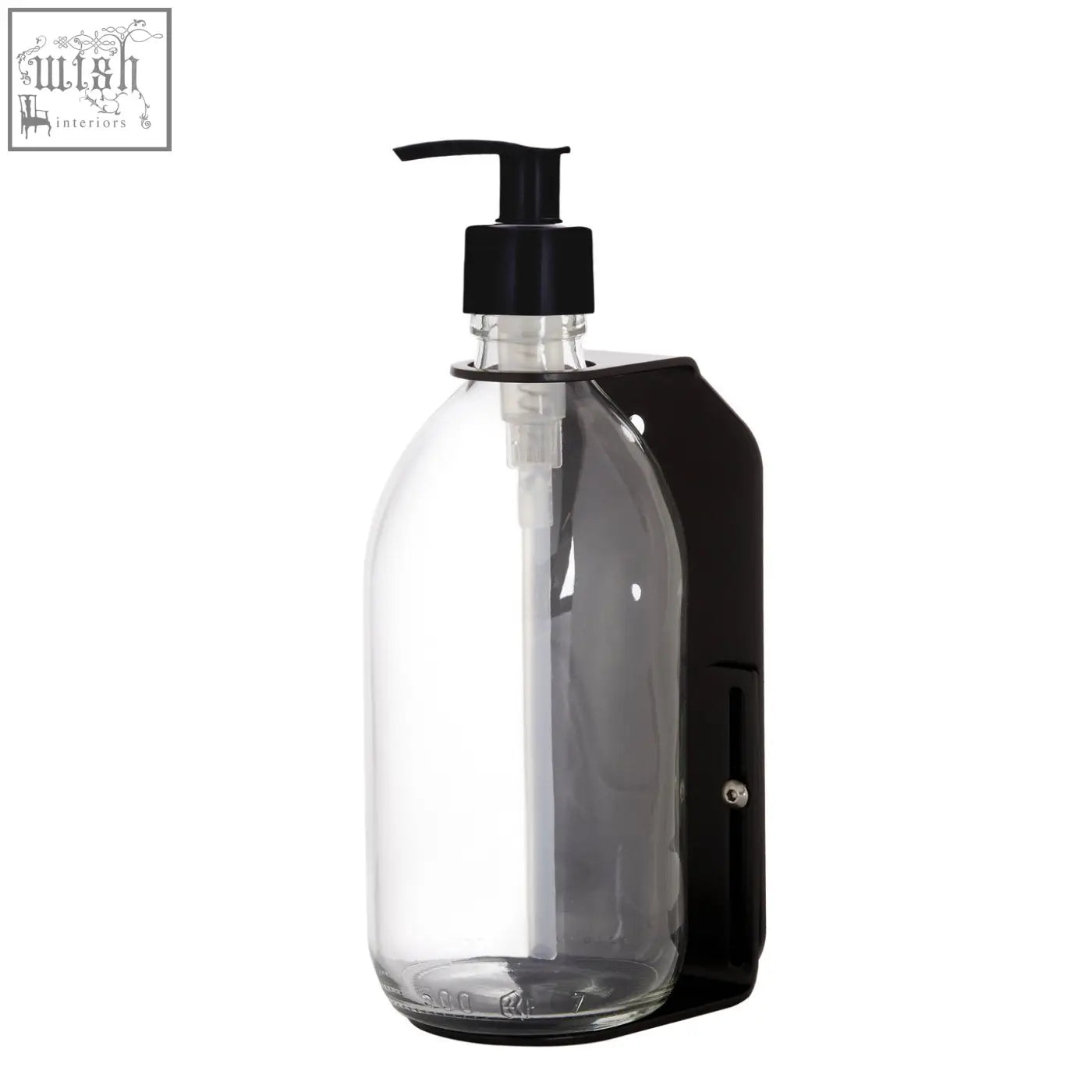 Black single wall mounted soap dispenser with refillable clear glass bottle and black pump stainless steel bracket