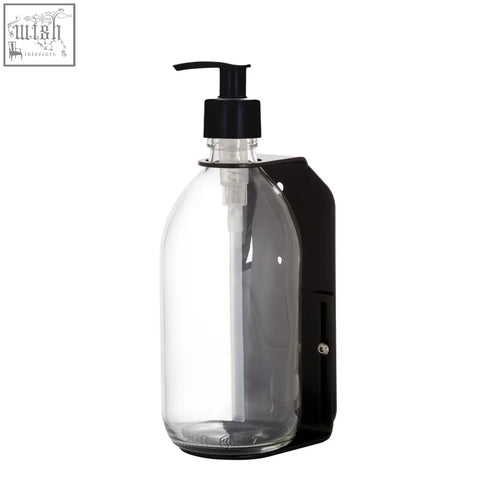 Black single wall mounted soap dispenser with refillable clear glass bottle and black pump stainless steel bracket