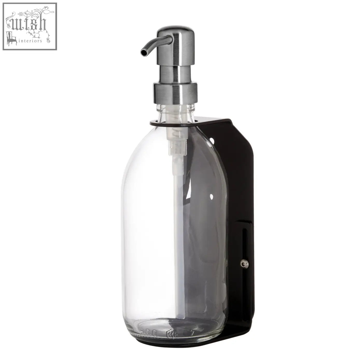 Black single wall mounted soap dispenser with refillable glass bottle and stainless steel chrome pump bracket