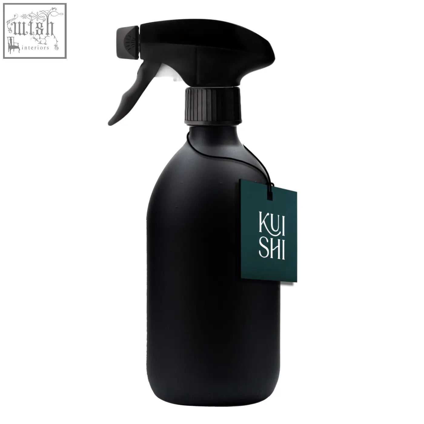 Black spray bottle with matte finish, ribbed cap, trigger nozzle, and dark green kui shi tag
