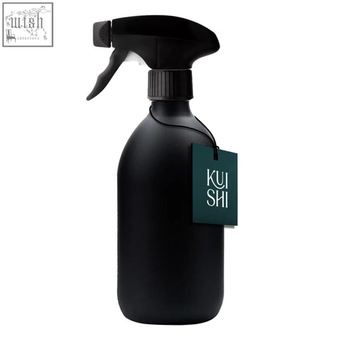 Black spray bottle with matte finish, ribbed cap, trigger nozzle, and dark green kui shi tag